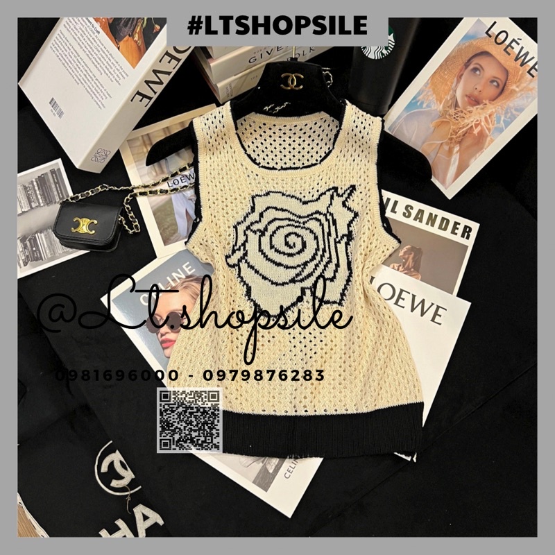 Áo len hoa sát nách viền đen, kèm ảnh thật chụp sàn