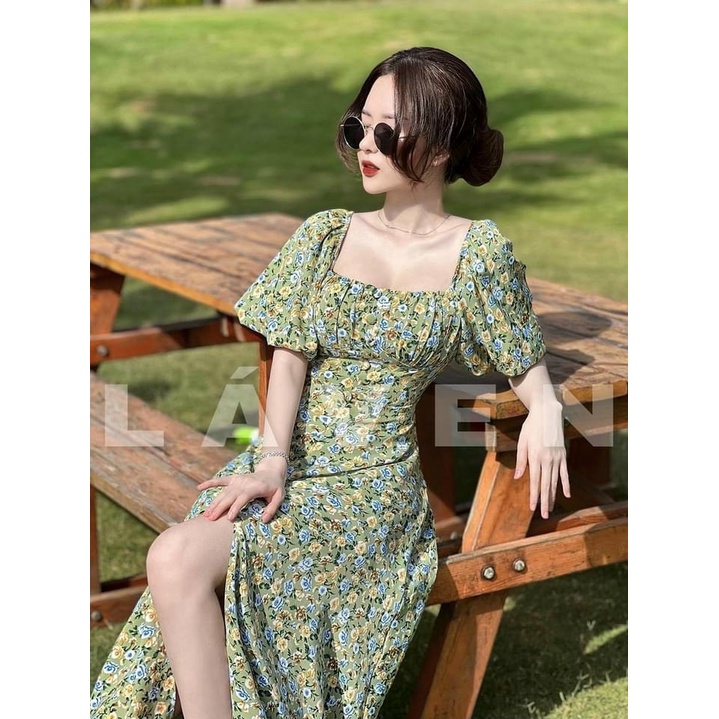 Váy đầm nữ maxi dáng xòe họa tiết hoa cổ vuông tay phồng