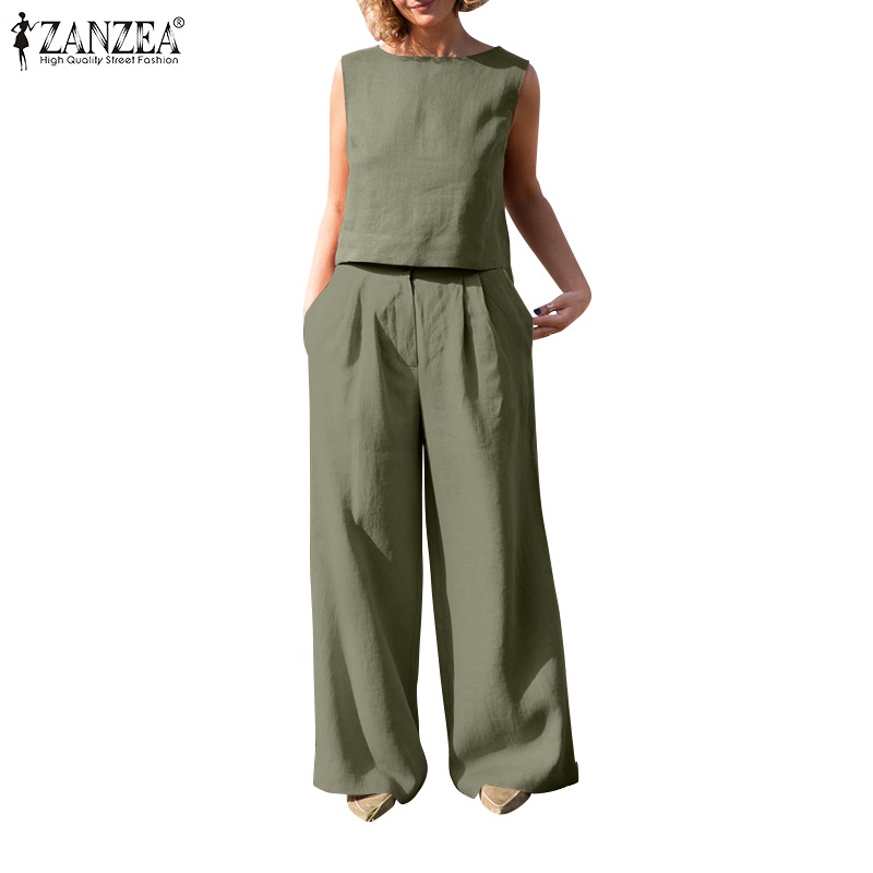 Zanzea Set Áo Dây Nữ Cộc Tay Cổ Tròn + Quần Dài Ống Loe Thời Trang Nữ