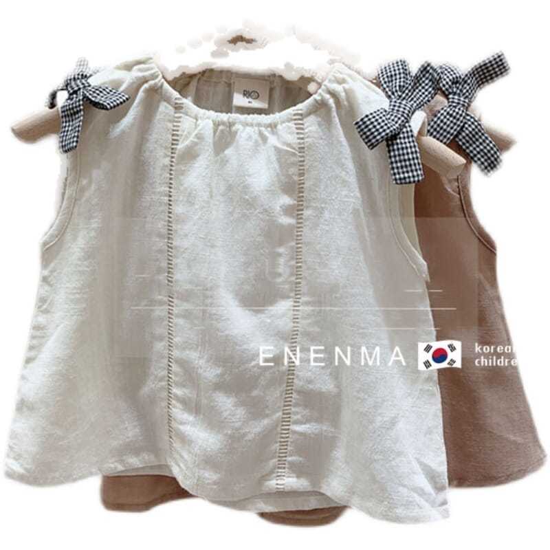 Áo Cotton Lanh Sát Nách Dáng Rộng Đính Nơ Kiểu Hàn Quốc Dễ Thương Cho Bé Gái