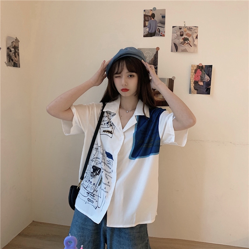 Áo chiffon SUXI tay ngắn dáng rộng in họa tiết xinh xắn phong cách Hàn Quốc