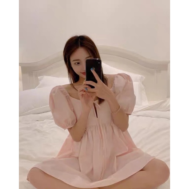 Minipie - Đầm Babydoll Tay Ngắn Nơ Ngực Màu Pastel