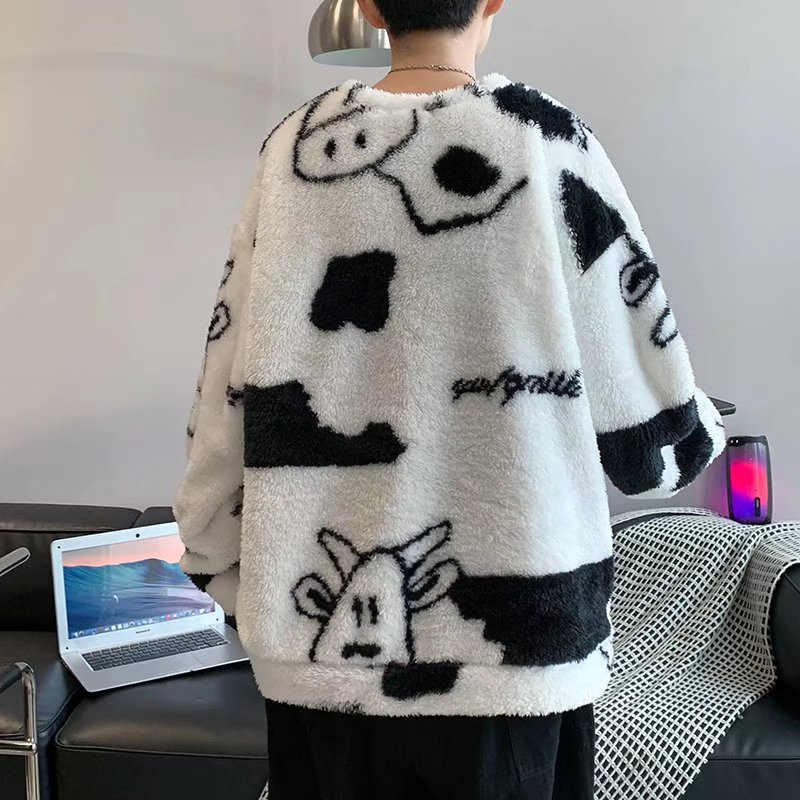 Áo sweater lông cừu tay dài dáng rộng phong cách Hàn Quốc thời trang thu đông Đường phố graffiti đa năng bình thường
