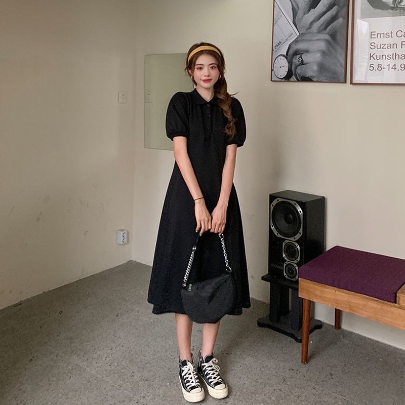 Đầm Tay Ngắn Phồng Cổ POLO Chiết Eo Phong Cách Pháp Thanh Lịch Hàng Mới