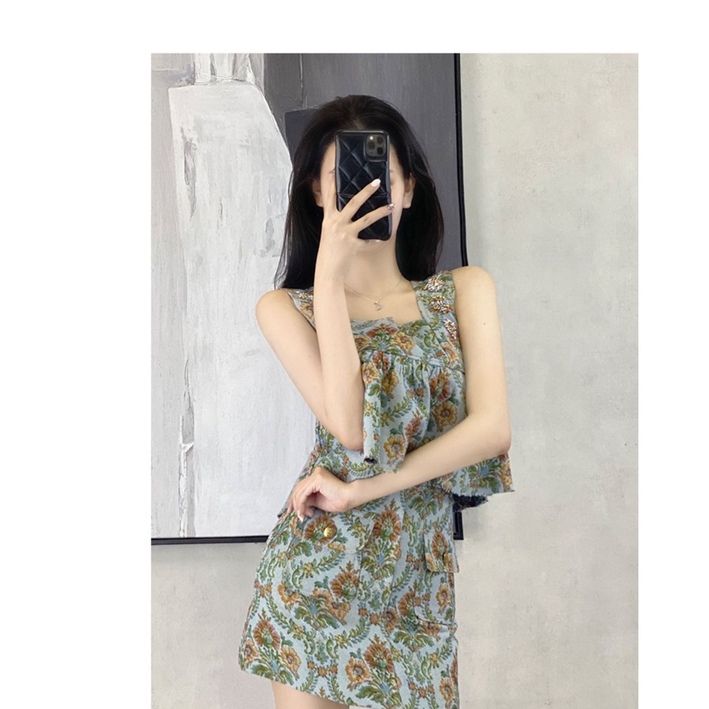 Set áo hai dây + chân váy sọc caro thời trang nữ