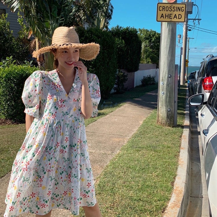 Đầm dài cổ búp bê dáng rộng họa tiết hoa thời trang cho nữ