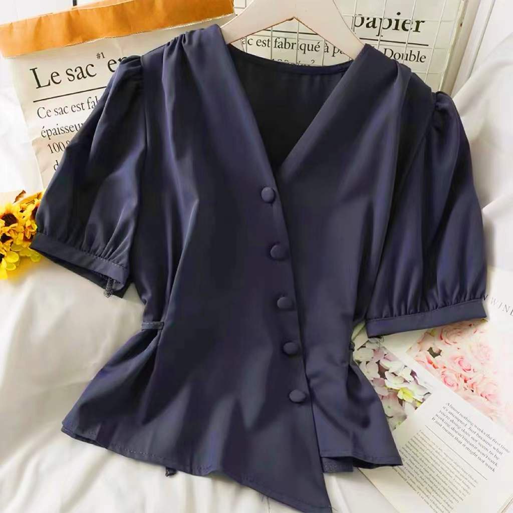 Áo kiểu BH tay phồng cổ chữ V độc đáo phong cách Pháp thời trang mùa xuân cho nữ 2022