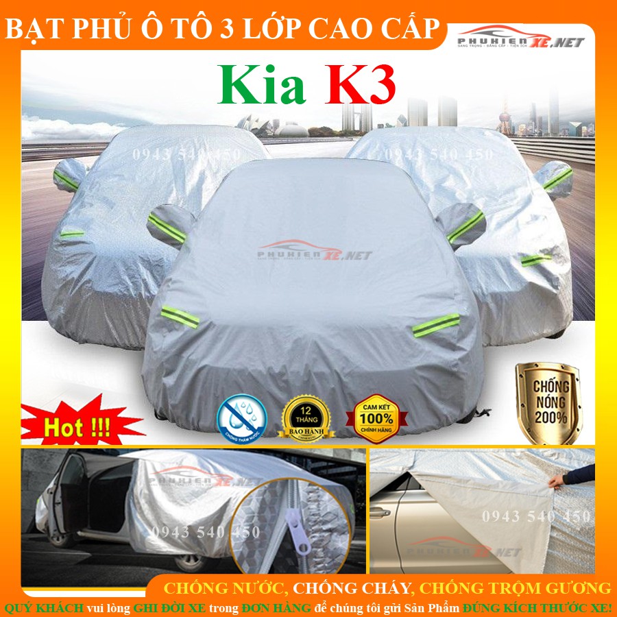Bạt phủ xe ô tô, bạt chống nóng ô tô Kia K3 cao cấp 3 lớp chống nắng, chống nước