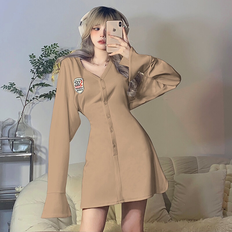 Đầm KLIOU dáng chữ A ôm vừa vặn tay dài loe cổ chữ V thời trang mùa hè mới 2022 dành cho nữ