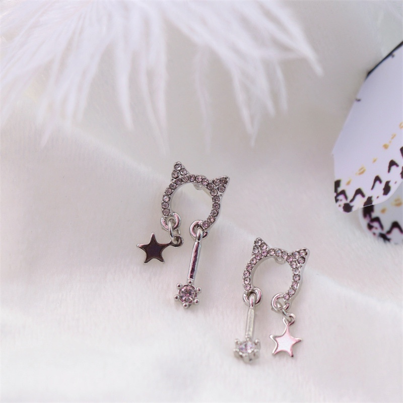 Khuyên tai kẹp không bấm lỗ chốt cố định K004 bằng hợp kim mạ bạc đính đá hình tai mèo dáng ngắn Leous Accessories