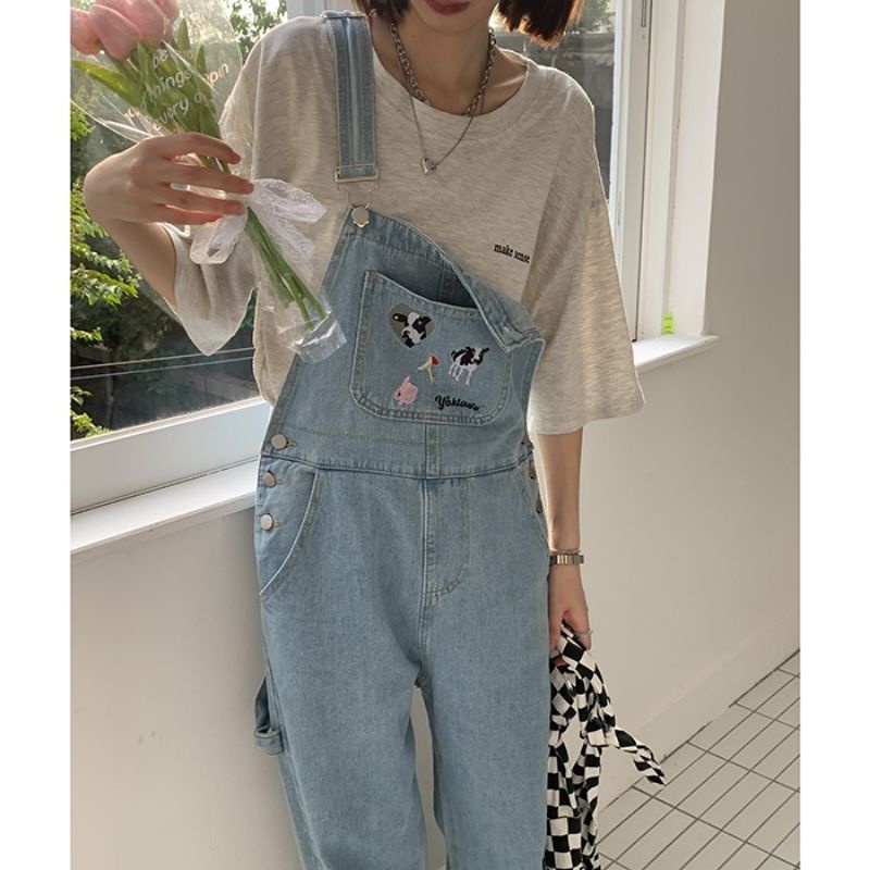 Yếm Jeans Nữ Thêu Hình Bò Sữa 🐄 Dễ Thương ❤️