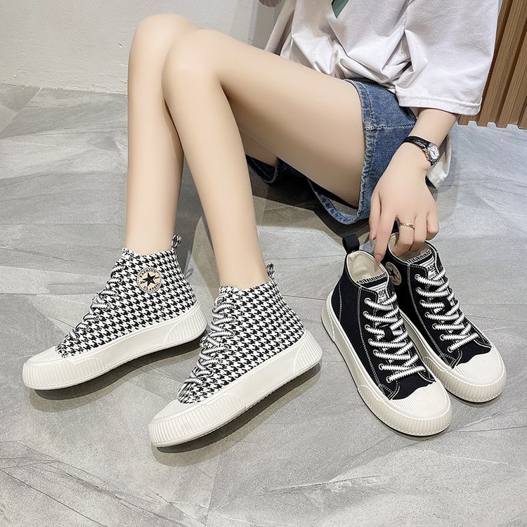 JINxCHOY Giày thể thao JINXCHOY vải canvas cổ cao mũi tròn buộc dây chéo màu trơn đế dày thời trang cho nữ