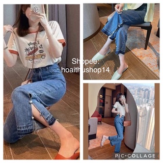Quần jeans suông cạp cao ống xẻ đính ngọc siêu đẹp