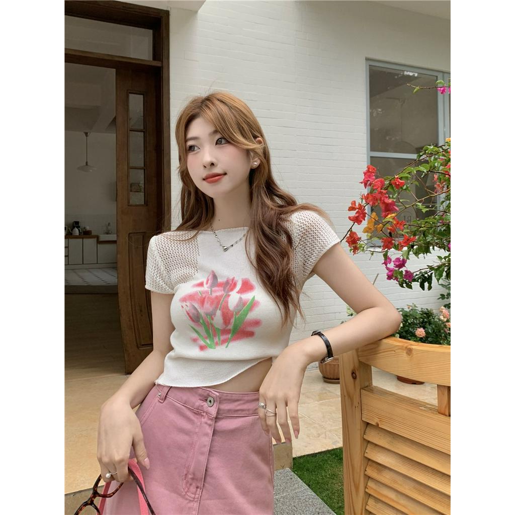 Áo Thun Gân Ngắn Tay In Hoa Phong Cách Mới Dành Cho Mùa Hè 62410