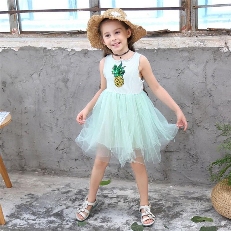 Đầm xòe cộc tay phối họa tiết trái dứa / cầu vồng xinh xắn dành cho bé gái