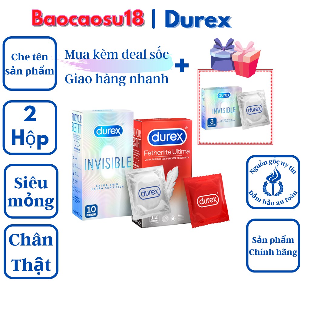 Bộ 2 bao cao su siêu mỏng Durex Invisible ( 10 bao ) và bao cao su Durex Fetherlite ( 12 bao ) + Tặng kèm hộp 3 bao.