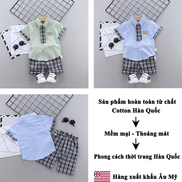 Set quần áo sơ mi bé trai HUQIQI cho bé 1 đến 4 tuổi chất Cotton Hàn Quốc mềm mại thoáng mát hàng trẻ em xuất khẩu Âu Mỹ