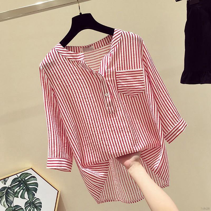 Áo sơ mi tay lỡ hoạ tiết kẻ sọc thiết kế dáng rộng thoải mái