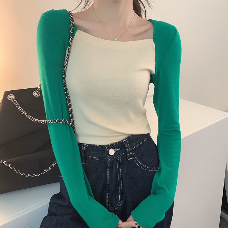Áo thun dài tay cổ vuông cho phụ nữ mới mỏng manh áo sơ mi trên cùng