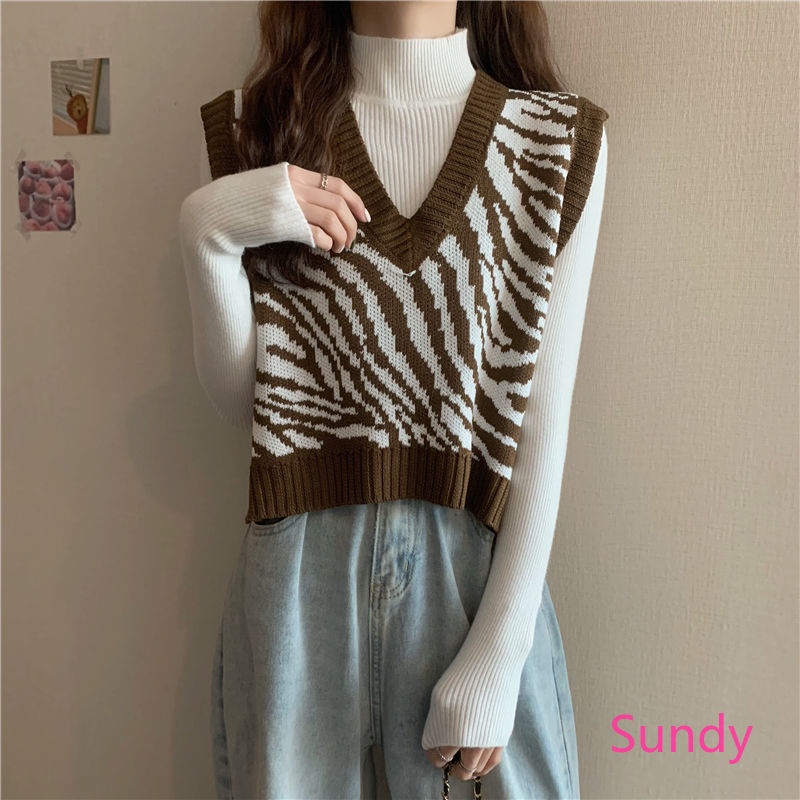 Áo khoác dệt kim không tay dáng rộng in họa tiết ngựa vằn kiểu vintage hàn quốc cho nữ