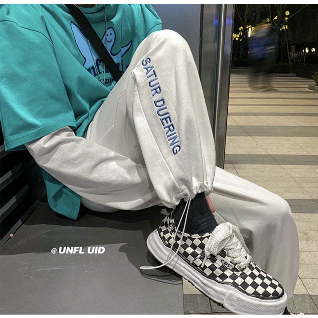 Quần jogger Nam Nữ Unisex Thêu Chữ Ulzzang Dây Rút  Gấu Quần Ố Phong Cách Đường Phố