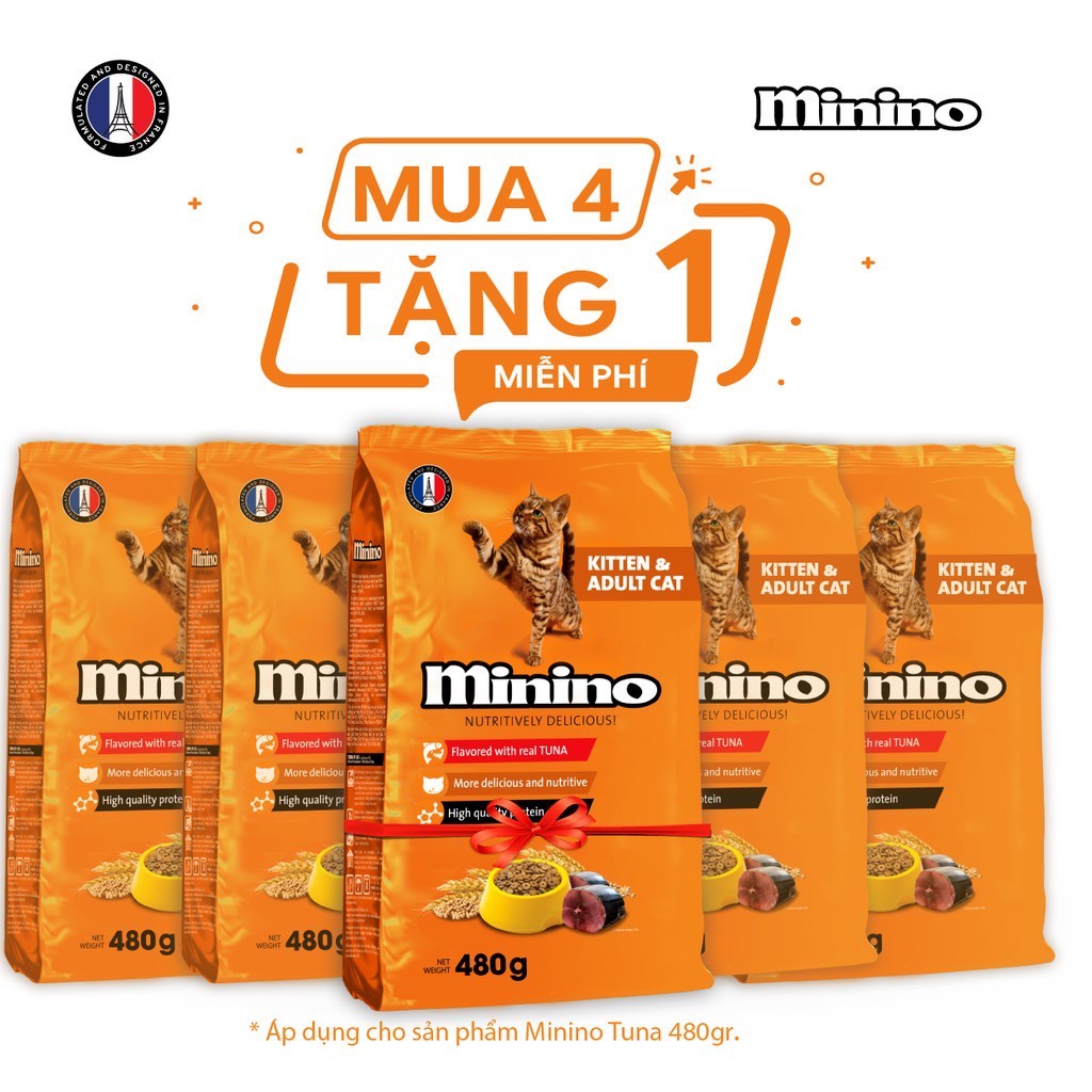 Thức ăn cho mèo Minino Tuna Flavored 480 gr - Mua 4 tặng 1