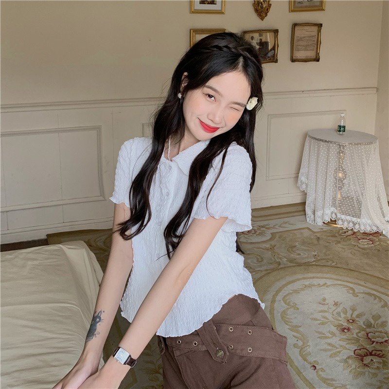 Áo Sơ Mi Ngắn Tay Cổ Bẻ Xếp Ly Thời Trang