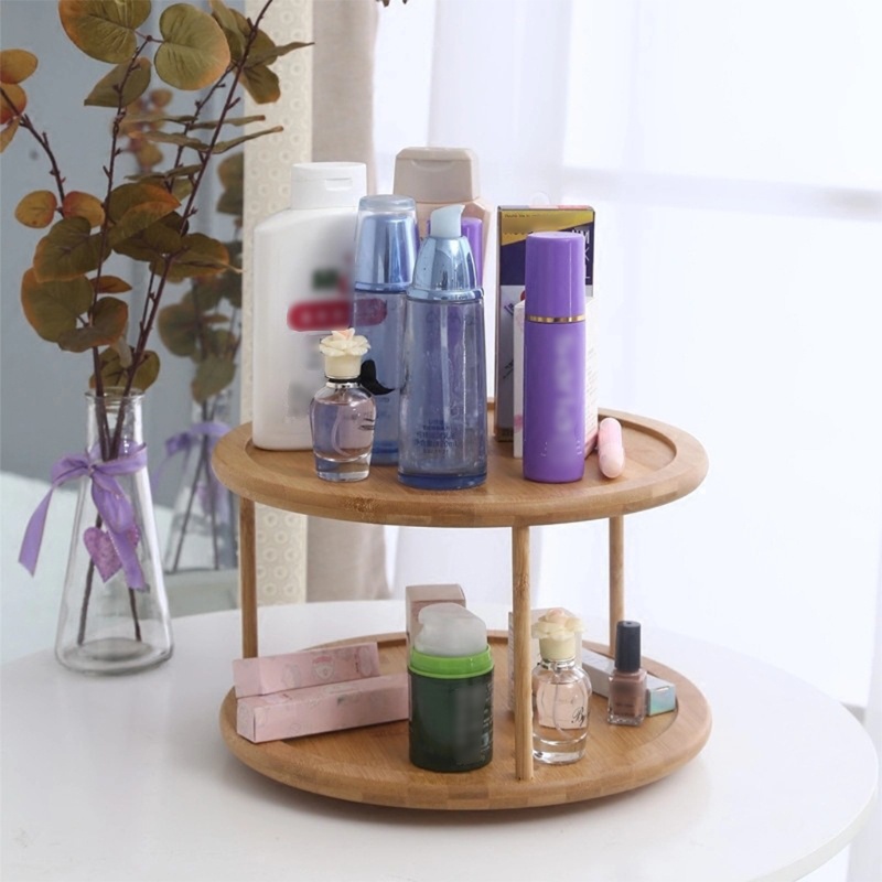 Khay Đựng Gia Vị 2 Tầng Bằng Tre Có Thể Xoay Tiện Dụng Cho Nhà Bếp