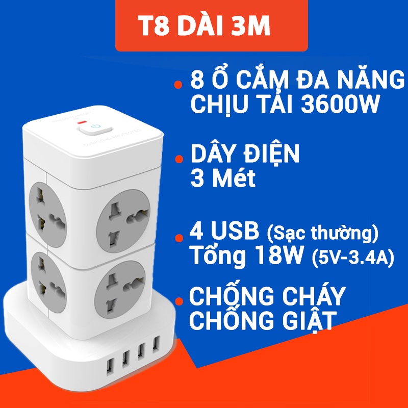 Ổ Cắm Tháp Đa Năng T8/T12 SHOPTIDA,Ổ Điện có 4 cổng USB chịu tải cao 3600W An Toàn Chống Cháy Chống Giật, dây dài 3/4m