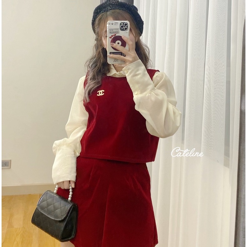 Set sơ mi nữ Cateline cổ bèo voan gile short nhung tiểu thư sang chảnh - SCL007 | BigBuy360 - bigbuy360.vn