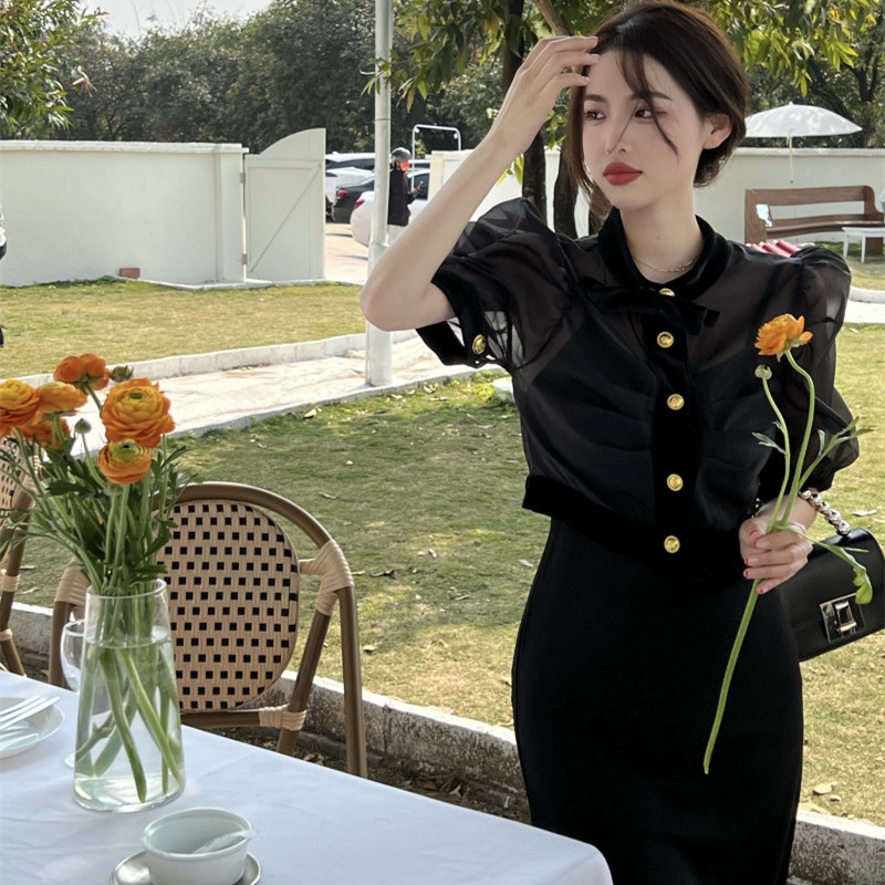 Set Áo Tay Phồng Cổ Đứng Đính Nơ + Chân Váy midi Thời Trang Mùa Hè Xinh Xắn Cho Nữ