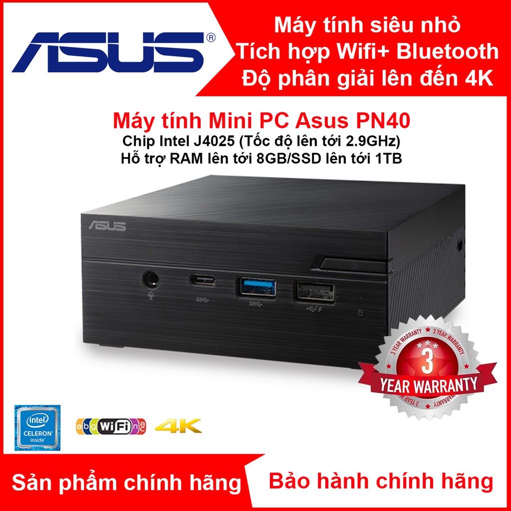 Máy tính siêu nhỏ ASUS MiniPC PN40 Chip Intel J4025/SSD+ RAM DDR4 tùy chọn/4K UHD/Có Wi-Fi + bluetooth - Chính hãng