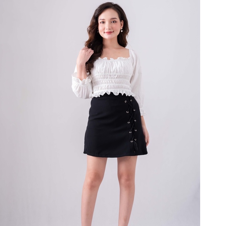 Áo croptop ulzzang trắng buộc dây cổ - áo bèo nhún ôm chun