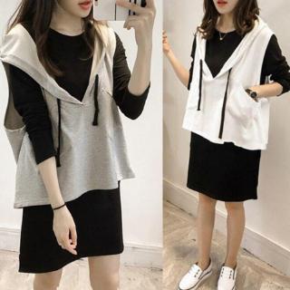 Đầm hoodie dáng dài + áo khoác không tay dáng dài