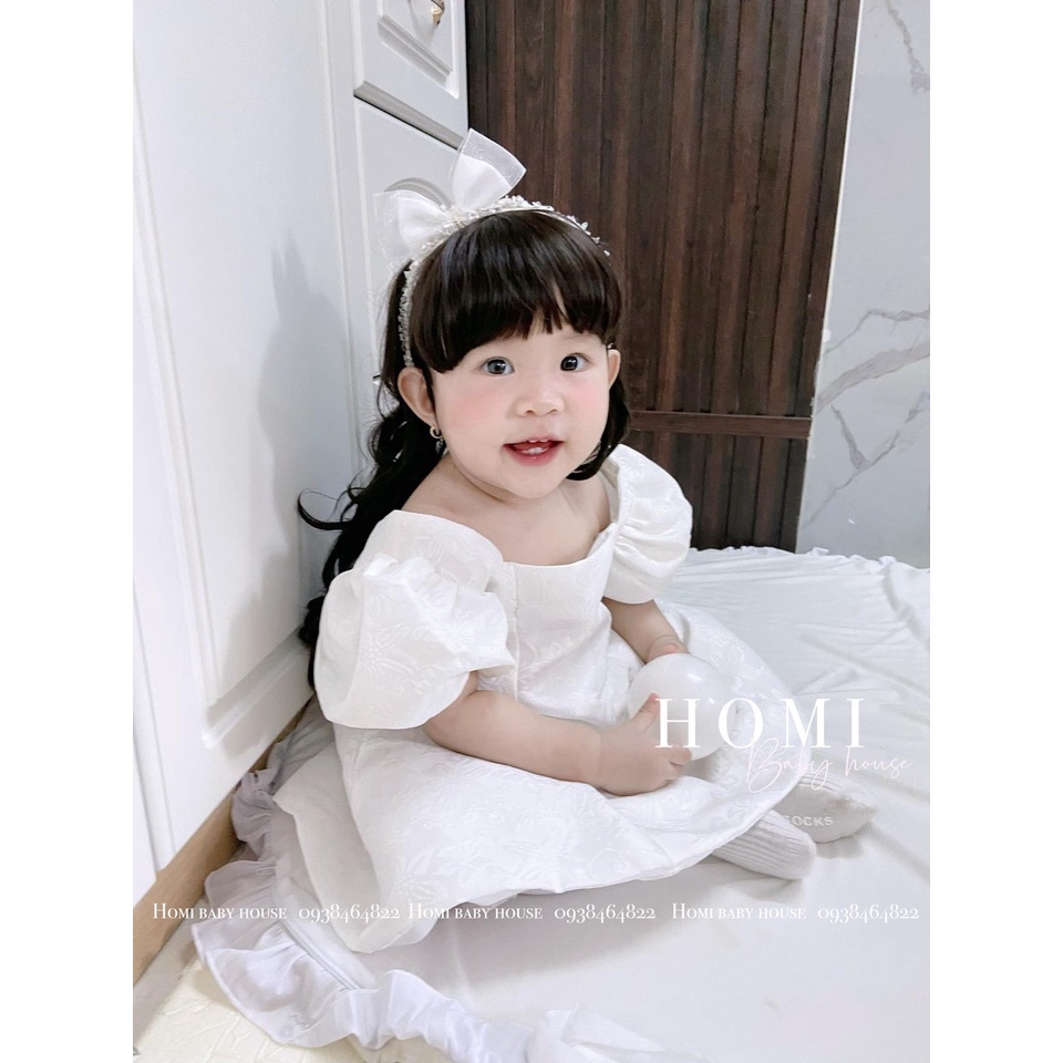 Váy công chúa cho bé gái HOMI BABY HOUSE đầm công chúa gấm 7 mảnh màu trắng/hồng cho bé dự tiệc dạo phố