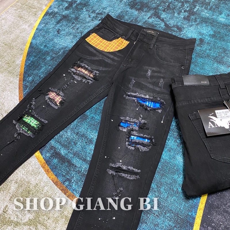 Quần jean vá gối xanh đỏ,quần bò nam rách vá xanh đỏ