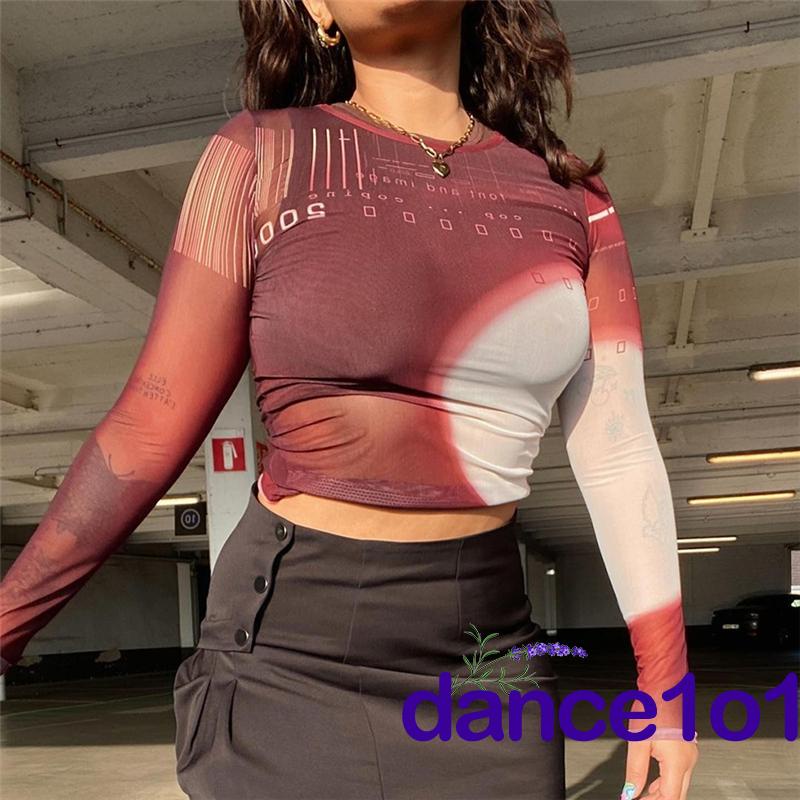 Áo croptop tay dài cổ tròn dáng ôm in họa tiết thời trang cho nữ