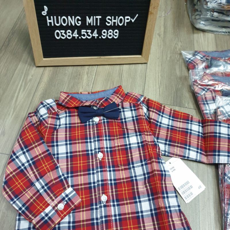 (H&amp;M) Áo sơ mi kẻ đỏ HM authentics kèm nơ