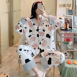 [MS 25] (CÓ SẴN) Đồ ngủ thu đông pijama mặc nhà tay dài hoạ tiết bò sữa cổ vest dễ thương