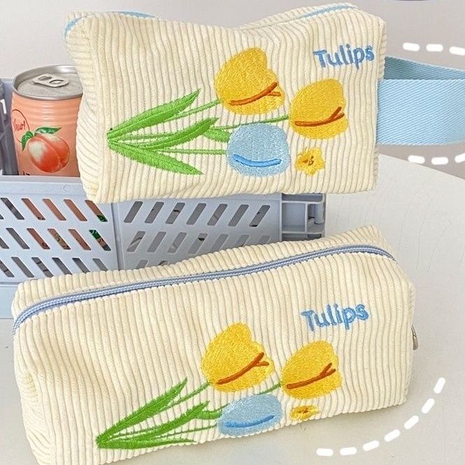 Túi Đựng Bút Chì / Mỹ Phẩm Bằng Vải Nhung Kẻ Thêu Họa Tiết Sức Chứa Lớn Cho Nữ
