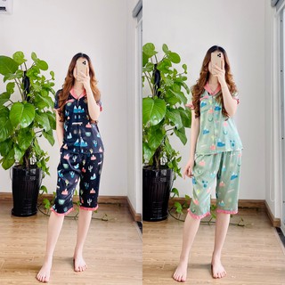 Bộ Pijama lụa giấy NOHK cao cấp mặc nhà cộc tay quần lửng họa tiết xương rồng