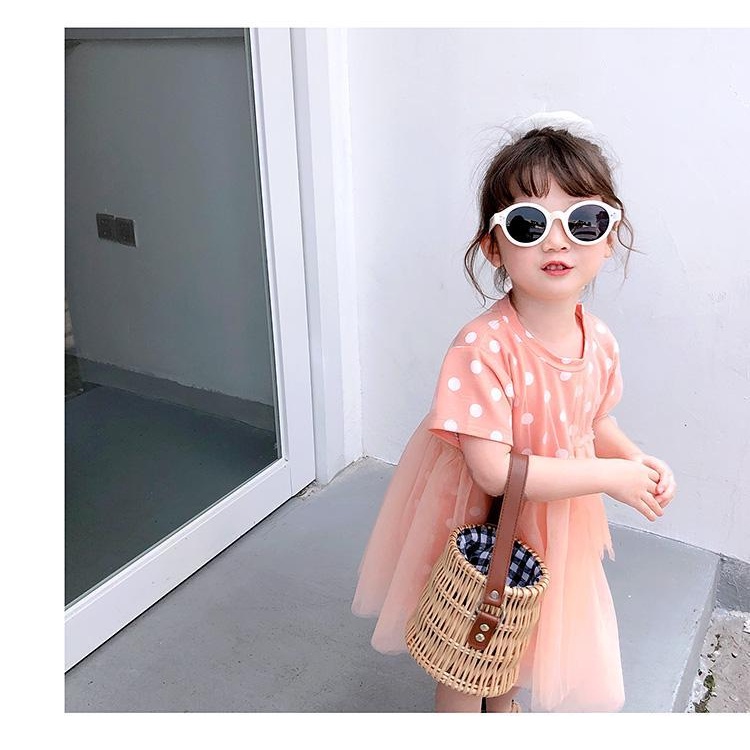 Đầm Tay Ngắn Phối Lưới Chấm Bi Thời Trang Mùa Hè Mới Cho Bé Gái