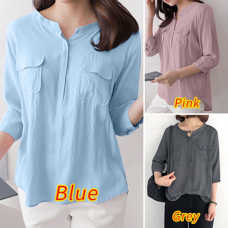 ZANZEA Áo Nữ Tay 3 / 4 Cổ Tròn Màu Trơn Phong Cách Vintage Thời Trang