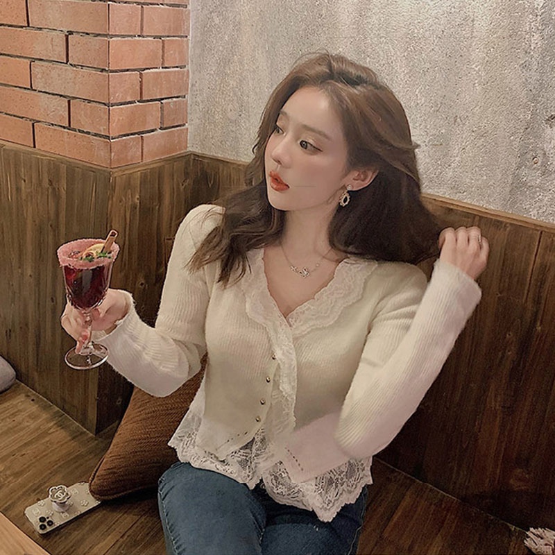 Áo Dệt Kim Phối Ren Phong Cách Hàn Quốc Thời Trang Cho Nữ