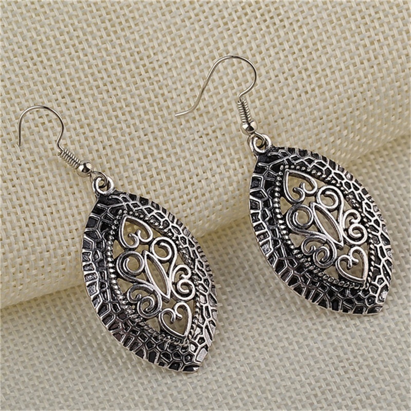 Women Simple Jewelry Bohemia Fashion Silver Hollow Carved Water Drop Earrings Gift