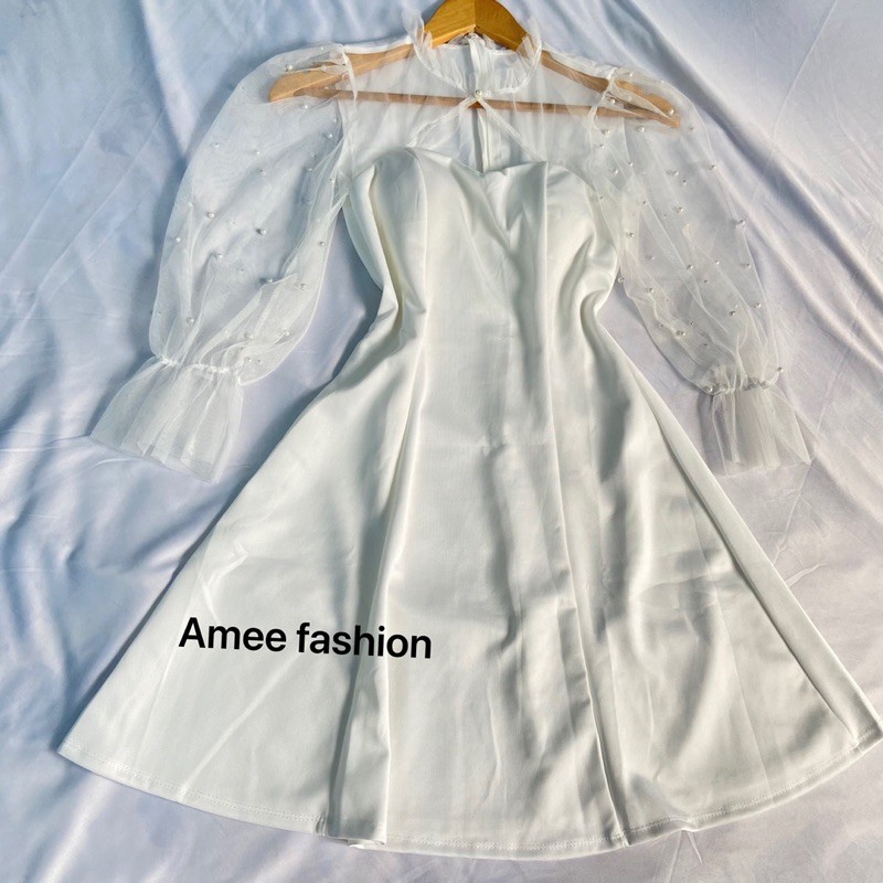 Váy đầm nữ dáng xòe tay lưới phồng đính cườm cổ tàu khoét ngực (có sẵn mút) | BigBuy360 - bigbuy360.vn