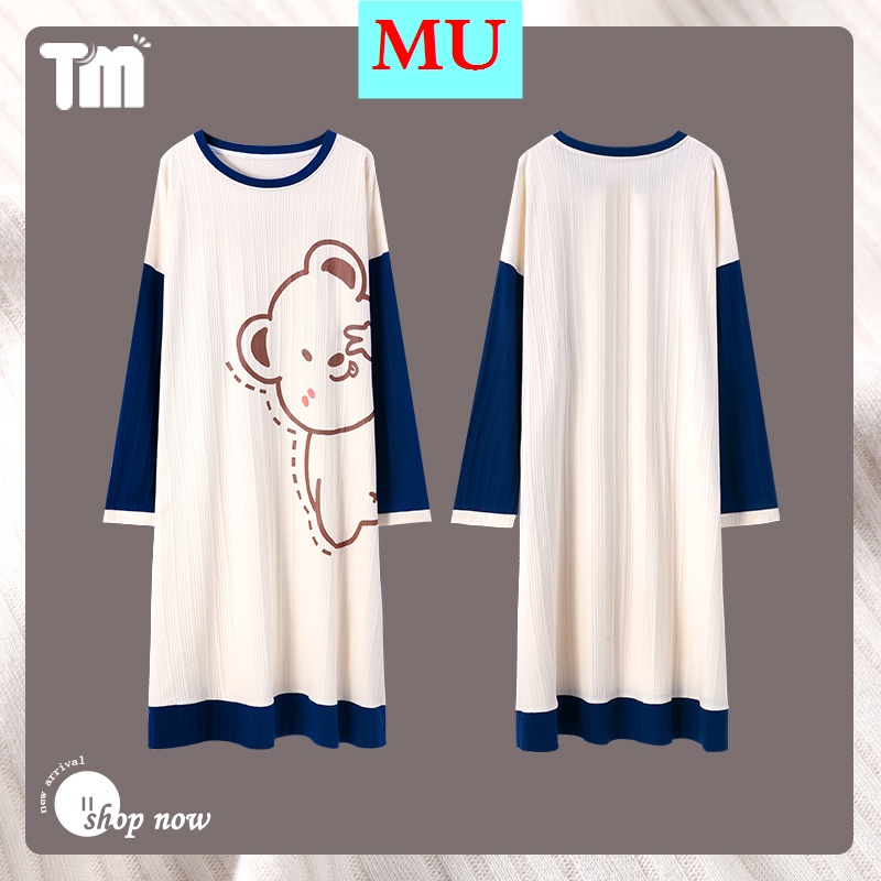 Đầm ngủ cotton tay dài có đệm ngực dễ thương thời trang thu đông cho nữ 2021