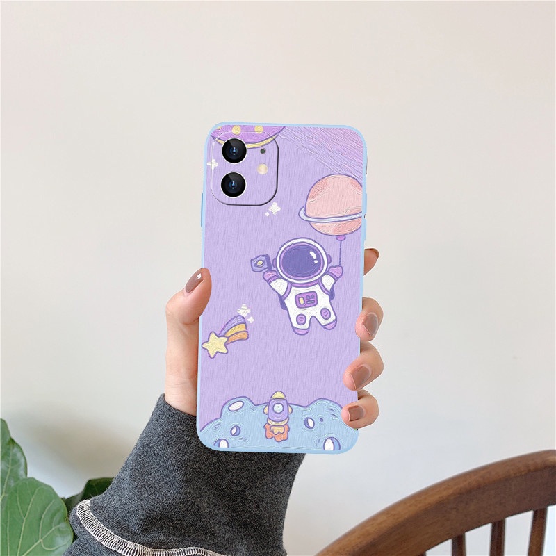 Ốp Điện Thoại Mềm Nhám Hình Phi Hành Gia Màu Tím Cho IPhone 13 12 11 Pro Max Mini 5 5S 6 6s 7 8 SE 2020 Plus X XS XR XSmax