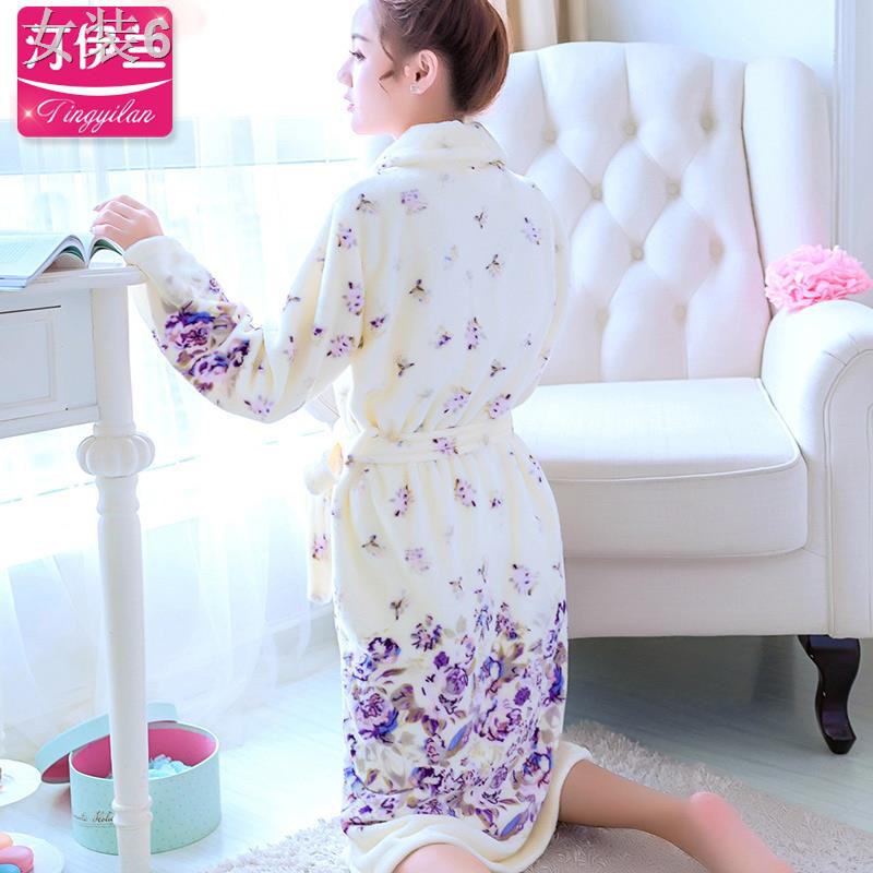 Vải nỉ dày dễ thương áo choàng tắm đồ ngủ phụ nữ mùa thu và đông dài tay xuân san hô lông cừu mặc nhà của sinh v