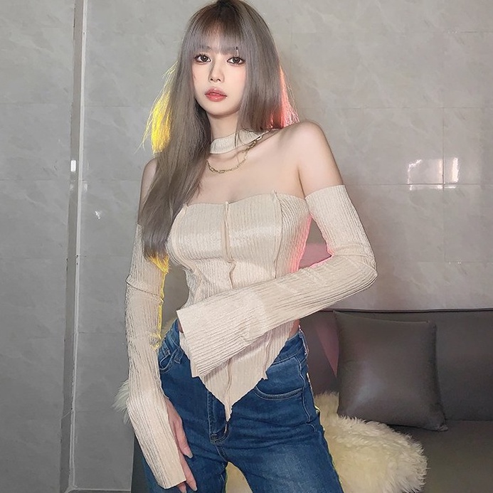 [AdorablexBeautiful] Áo Ống Tay Dài Cổ Yếm Trễ Vai Hở Lưng Nhiều Màu Phong Cách Sexy Quyến Rũ Ulzzang